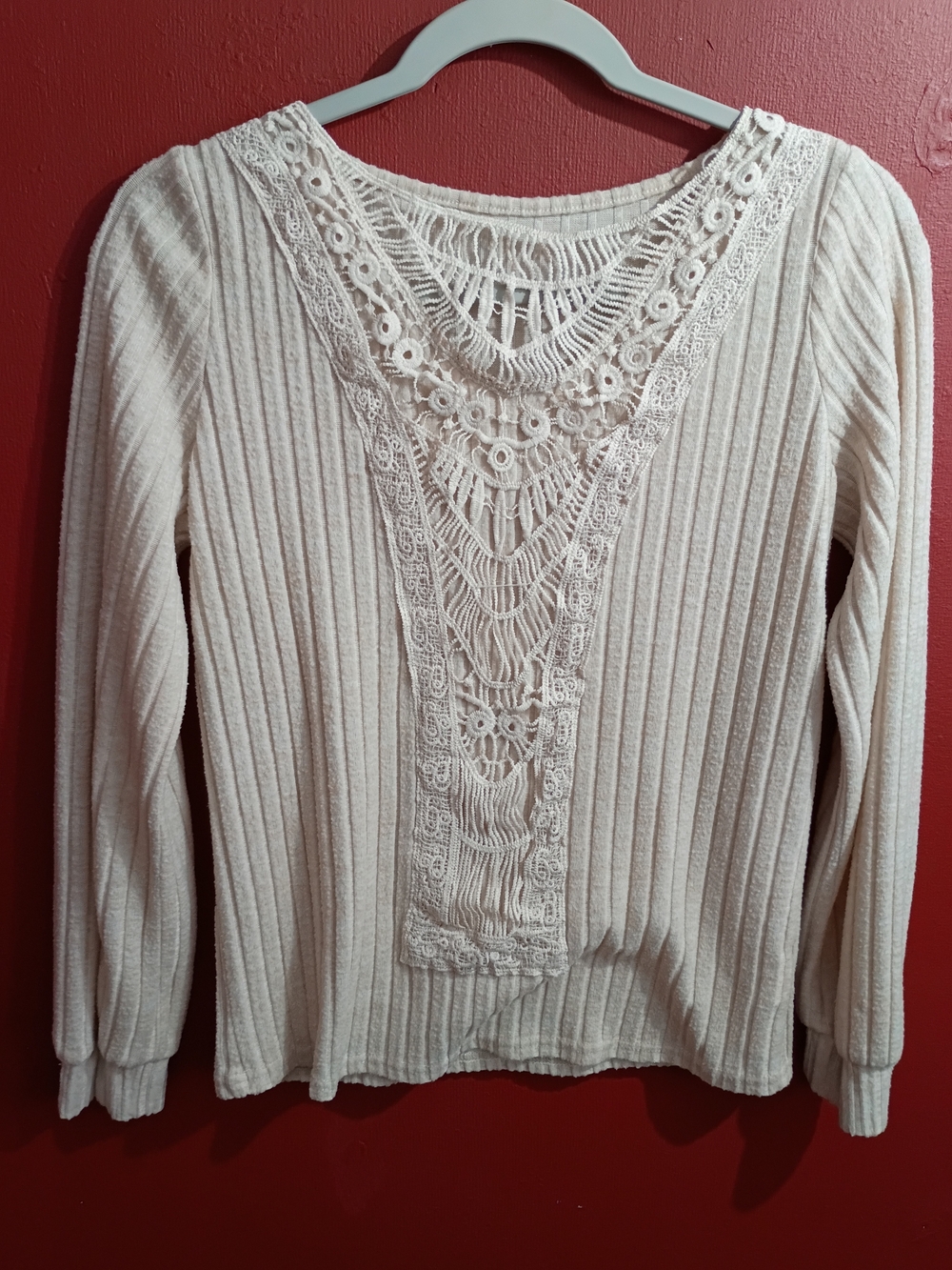 Women’s Long Sleeve Lace-Trim Ribbed Top - Cream - Picture 2 of 10